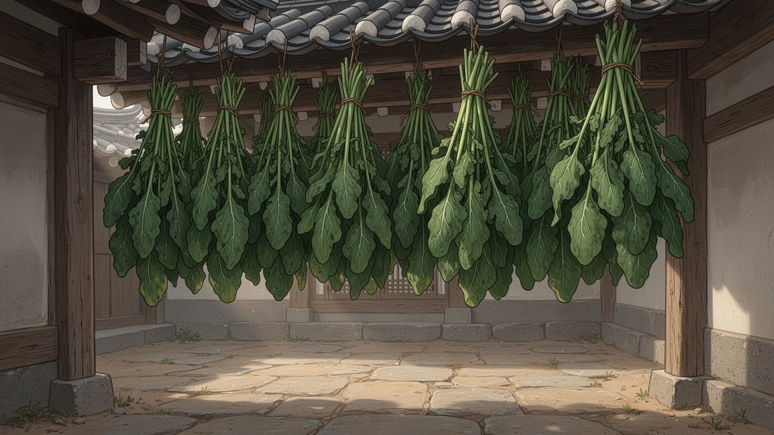 뻣뻣하고 질긴 무청 시래기를 부드럽게 만드는 비결입니다. 서늘한 그늘 건조로 카로틴을 80% 이상 지키고, 식용 베이킹소다 반 큰술로 1~2시간 걸리던 삶는 시간을 10분으로 줄이는 과학적 조리법을 정리했습니다.